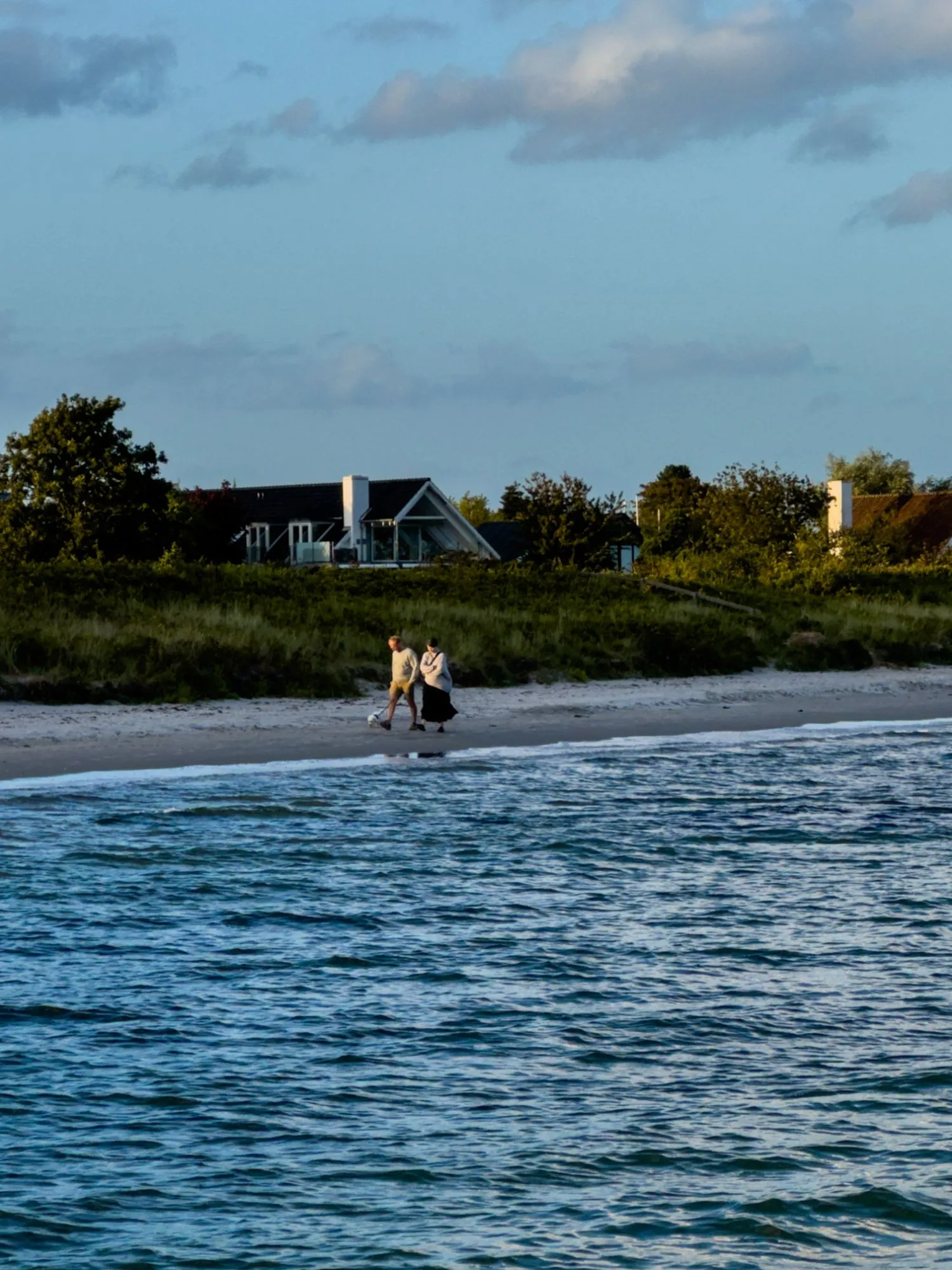 A couple walk a small dog along the waterline of a calm beach at golden hour, a Danish summer house among trees behind them, seen from across the water.